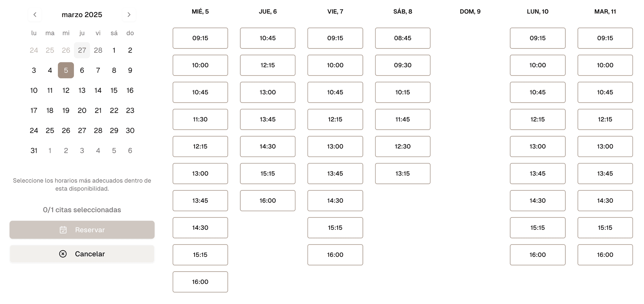 Interfaz de reserva de citas para clientes mostrando disponibilidad y opciones