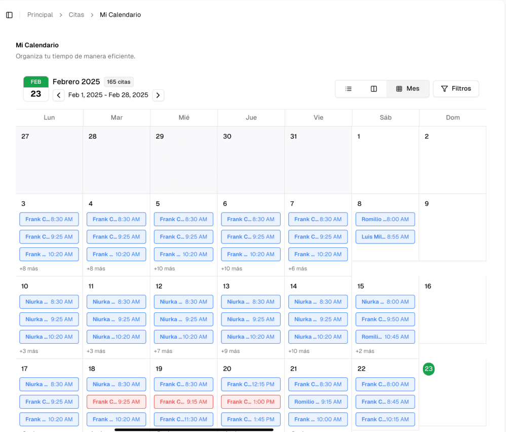 Vista del panel de control de la agenda electrónica en modo claro